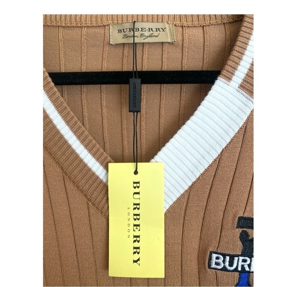 Burberry Pullover V-Neck Cardigan XL Caramel Brown/White Quiet Luxury NWT - Picture 13 of 14